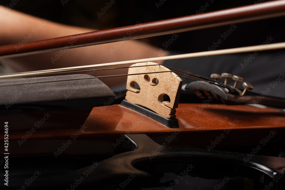 Violin, beautiful details of a violin being played, black background, selective focus. Violin, beautiful details of a violin being played, black background, selective focus.