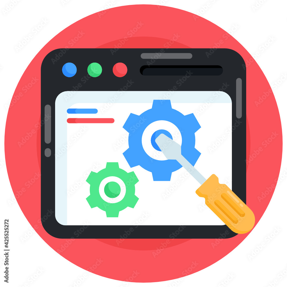 Tools inside webpage, flat round icon of website repair
Tools inside webpage, flat round icon of website repair