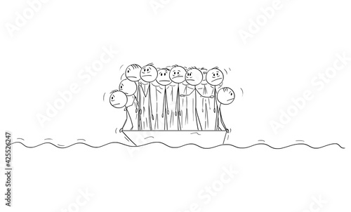 Big Group of People or Businessmen Standing Helplessly on Small Lifeboat. Vector Cartoon Stick Figure Illustration