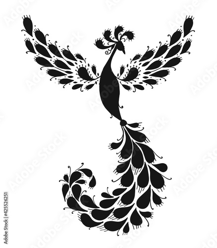 Magic Fairy Bird, Black Silhouette. Phoenix Bird. Mythical character. Ornamental Silhouette for your design