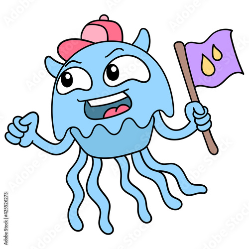 blue jellyfish carrying a flag. doodle icon image kawaii