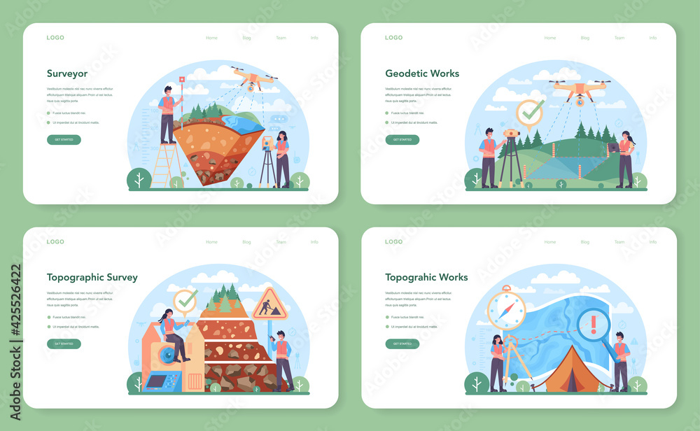 Surveyor web banner or landing page set. Land surveying technology Surveyor web banner or landing page set. Land surveying technology