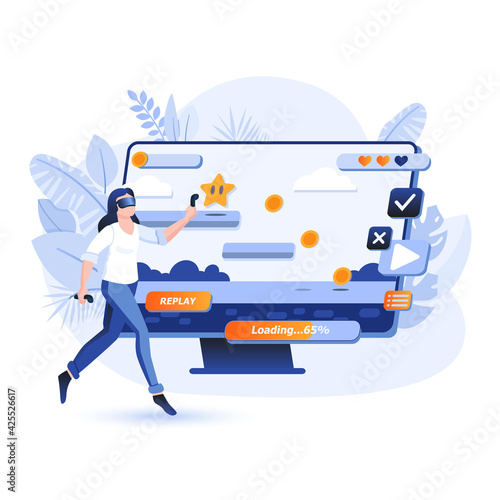 Woman uses virtual reality glasses scene. Interactive computer game with VR technology. Entertainment, user experience, gaming industry concept. Vector illustration of people characters in flat design