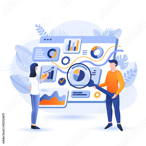 Managers analyze data scene. Colleagues researching statistics from charts. Optimization strategy, success business, database service concept. Vector illustration of people characters in flat design