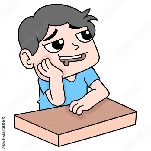 a man was sitting daydreaming, his mouth drooling. doodle icon image kawaii