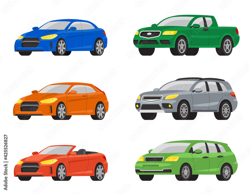Set of different cars. Automobile variations in cartoon style.