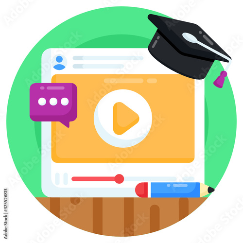 
Flat editable icon of video education, mortarboard with video streaming 

