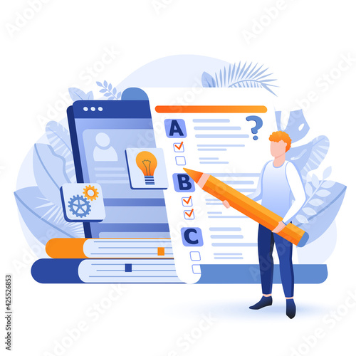 Online testing scene. Student takes exam, choosing answer in questionnaire form with checklist. Education, control test of knowledge concept. Vector illustration of people characters in flat design