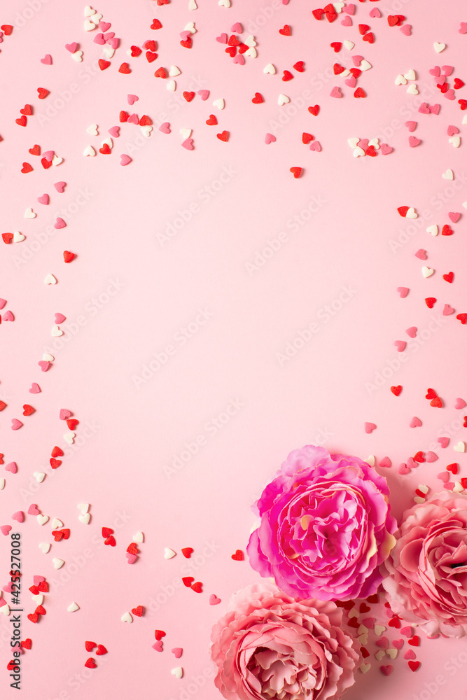 Fototapeta premium Mothers day concept with mini heart, rose frame mock up