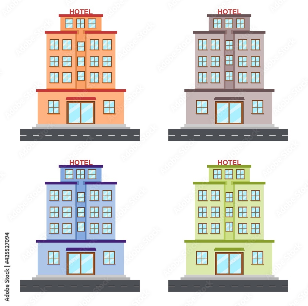 Vector illustration set of a five star hotel in a tourist spot on the theme of vacation and tourism. perfect for travel and product advertising Vector illustration set of a five star hotel in a tourist spot on the theme of vacation and tourism. perfect for travel and product advertising
