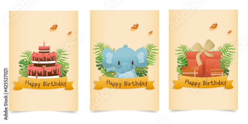 Set banner Invitation birthday greeting card with a cute animal. jungle animals celebrate children's birthday and template invitation papercraft style vector illustration.