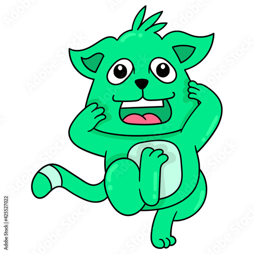 Green faced squirrel laughing in a cute pose. doodle icon image kawaii