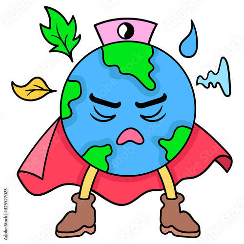 Earth superhero cartoon environment. doodle icon image kawaii