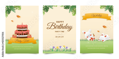 Set banner Invitation birthday cute greeting card. jungle animals celebrate children's birthday and template invitation papercraft style vector illustration. Theme happy birthday.