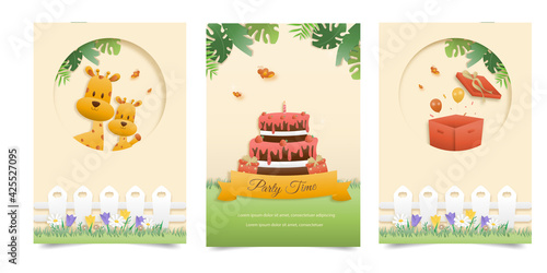 Set banner Invitation birthday cute greeting card. jungle animals celebrate children's birthday and template invitation papercraft style vector illustration.Theme happy birthday.