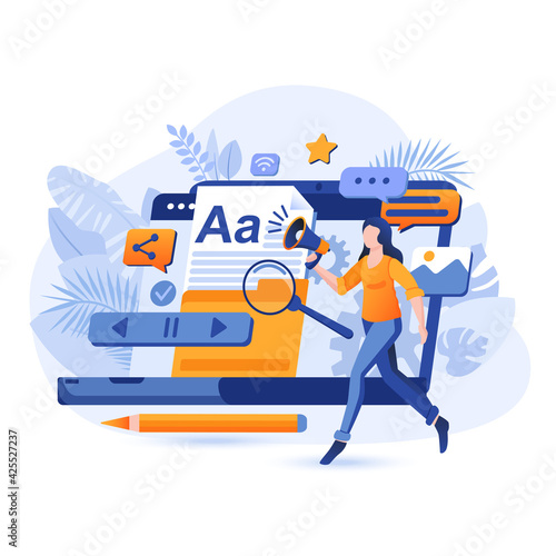 Content marketing scene. Woman creates advertising content to promote business project. Communication with client, attracting buyers concept. Vector illustration of people characters in flat design