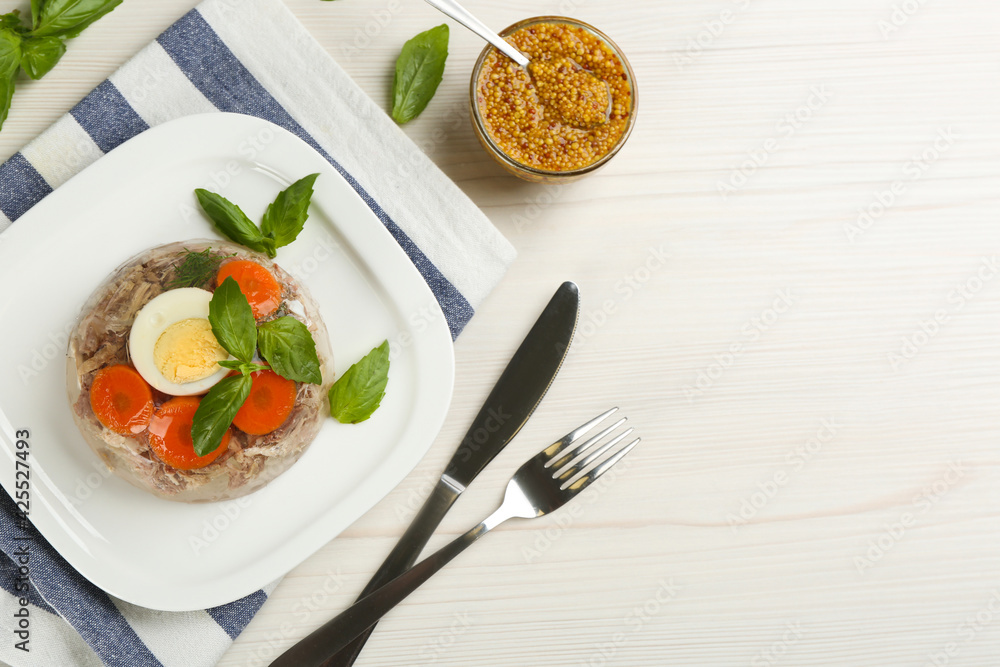 Delicious aspic with meat served on white wooden table, flat lay. Space for text - obrazy, fototapety, plakaty 