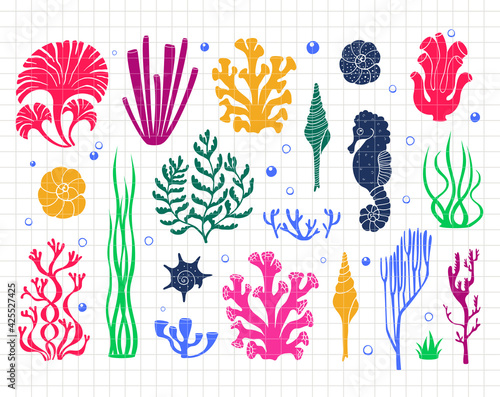 Underwater clip art with corals, seaweeds, shells and seahorse. Sea and ocean life. Silhouette vector flat illustration. Cutting file. Suitable for cutting software. Cricut, Silhouette