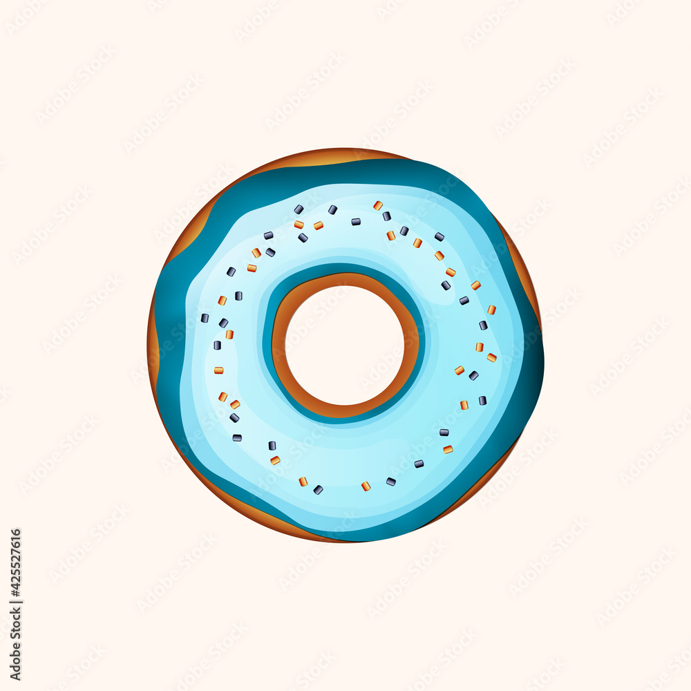 Donut with blue icing and multicolored powder isolated on a white background. 3d realistic food icon. Template modern design for invitation, poster, card, banner. Realistic vector illustration
