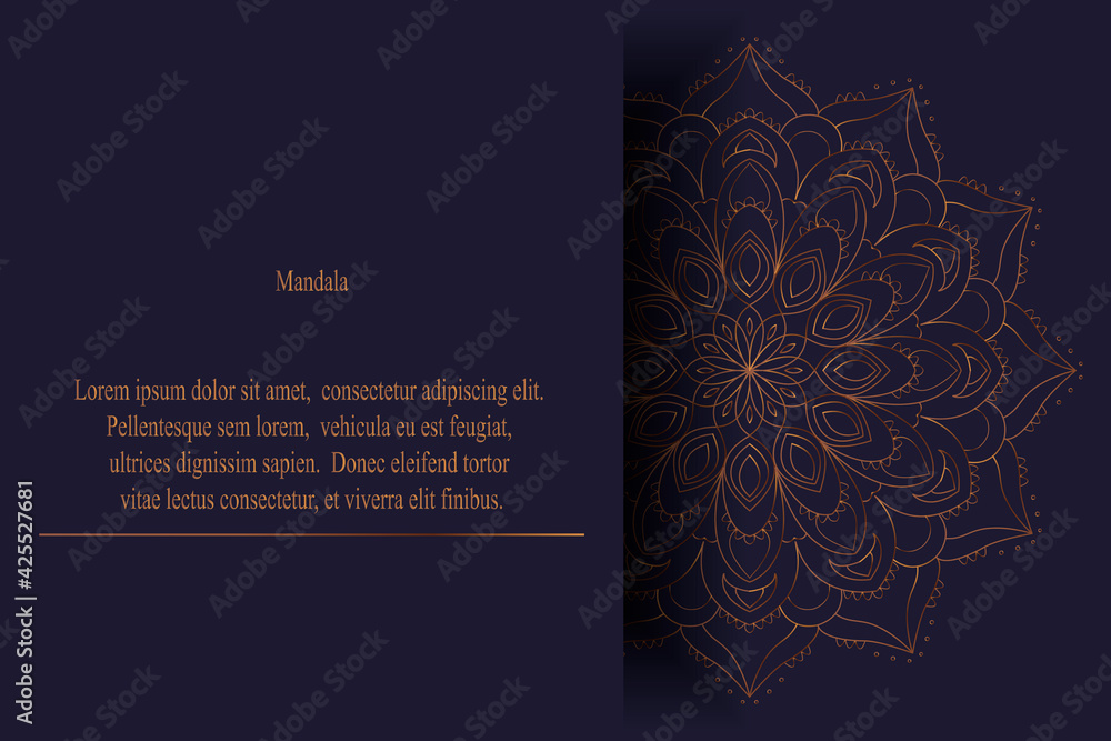 Round mandala in luxurious colors. Gold ornament on a blue background. Vector illustration for postcards, invitations, business cards
