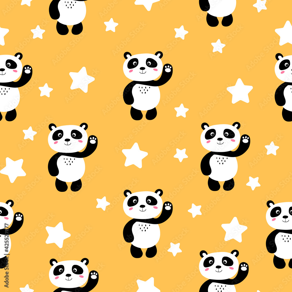 Obraz premium Seamless pattern with cute panda baby and stars on color background. Funny asian animals. Card, postcards for kids. Flat vector illustration for fabric, textile, wallpaper, gift wrapping paper