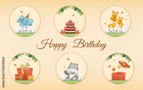 Set banner Invitation birthday greeting card with a cute animal. jungle animals celebrate children's birthday and template invitation papercraft style vector illustration.