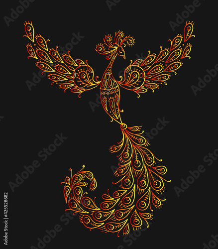 Firebird with a Majestic Tail. Phoenix Bird. Mythical character. Ornamental Silhouette for your design