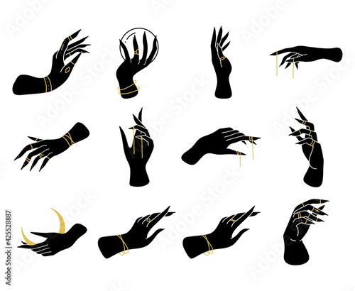 Witch hands silhouette. Set of elegant female hands with accessory in a minimal flat style. Collection of different gestures. Logos for cosmetics, jewelry, beauty products, spa, manicure. Hand drawn b