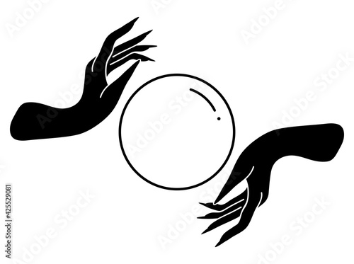 Witch hand silhouette with crystal ball. Set of elegant female hands in a minimal flat style. Logos for cosmetics, jewelry, beauty products, spa, manicure. Hand drawn boho vector.