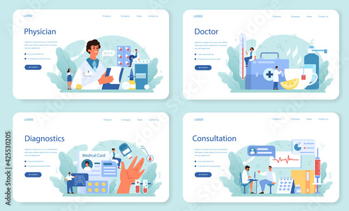 Physician or general healthcare doctor web banner or landing page set