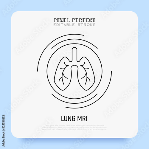 Human lungs MRI scan thin line icon. Medical equipment for oncology detection. Pixel perfect, editable stroke. Vector illustration.survey.