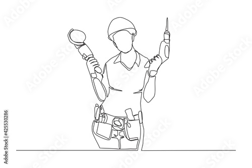 Continuous line drawing of young handy woman wearing uniform while holding drill machine. Single one line art of repair woman construction maintenance service concept. Vector illustration