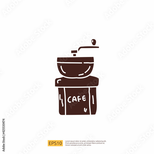 coffee grinder for cafe concept vector illustration. hand drawing doodle silhouette glyph solid icon sign symbol