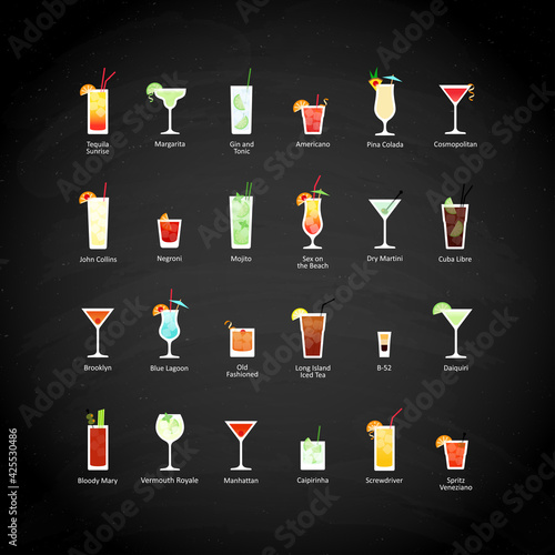 Set of alcoholic cocktails icons in flat style on black chalkboard. Vector