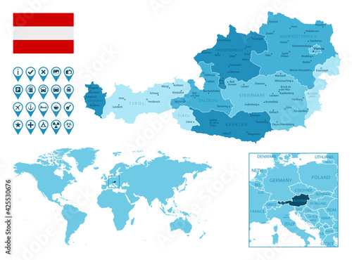 Fototapeta Naklejka Na Ścianę i Meble -  Austria detailed administrative blue map with country flag and location on the world map. Vector illustration