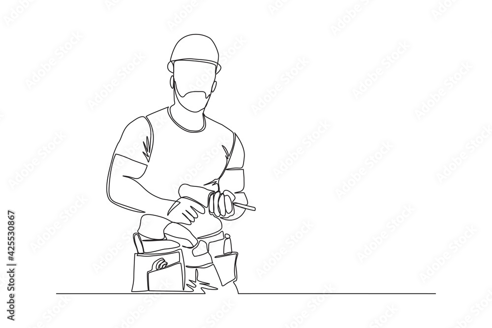 Continuous line drawing of young handyman wearing uniform while holding drill machine. Single one line art of repairman construction maintenance service concept. Vector illustration