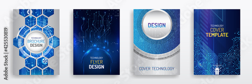Blue layout futuristic brochures, flyers, placards. Contemporary science and digital technology concept. Vector template for brochure or cover with hi-tech elements background.