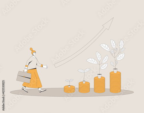 Investment return. Stock market growth. Profit. Business growth. Female retail investor with money tree. Vector line art illustration.