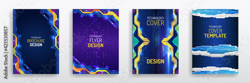 Vector template for brochure or cover with hi-tech elements background. Blue layout futuristic brochures, flyers, placards. Contemporary science and digital technology concept.
