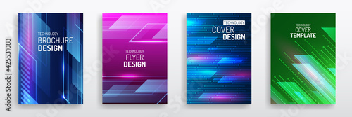 Colorful layout futuristic brochures, flyers, placards. Contemporary science and digital technology concept. Vector template for brochure or cover with hi-tech elements background. photo