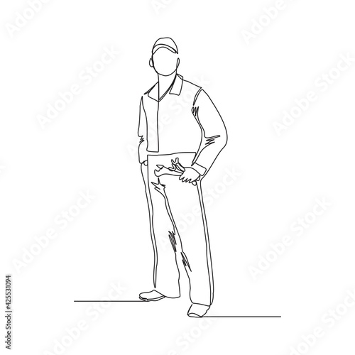 Continuous line drawing of young male mechanic pose holding set of wrench. Single one line art of man professional job profession minimalist concept. vector illustration