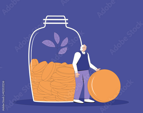 Retirement savings. Elderly man with money. Old male character wearing in casual clothes standing with jar of coins. Senior man with moneybox. Vector line art illustration.