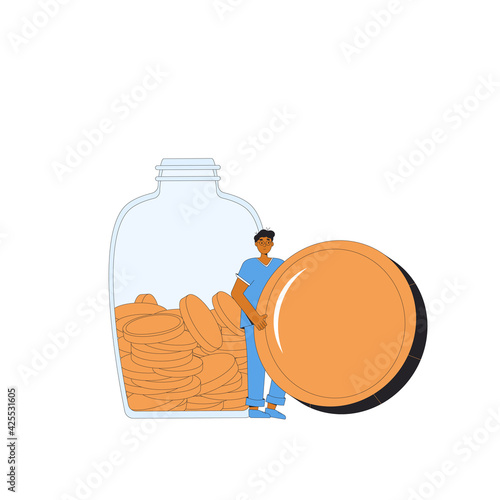 Savings. Young man with money. Male character standing with jar of coins. Teenager person with moneybox and huge gold coin. Vector line art illustration.