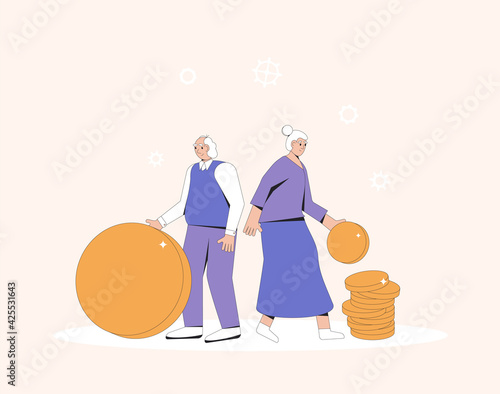 Elderly couple standing together with money. Senior man and woman standing back to back with coins. Vector line art illustration.