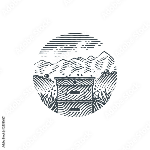 Honey apiary. Hand drawn engraving style vector illustration.