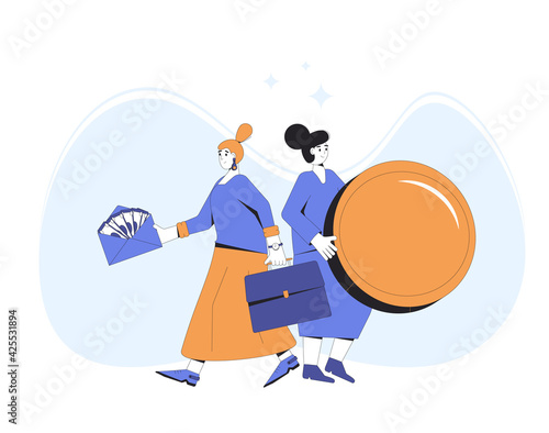 People with income. Two women with money. Female characters standing together with coins and envelop of paper money. Vector  line art illustration.