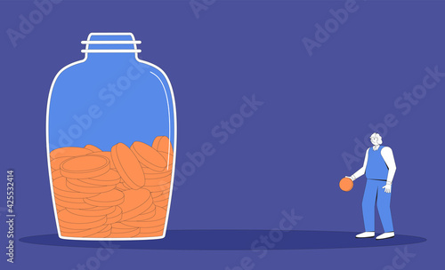 Retirement savings. Elderly man with money. Old male character wearing in casual clothes standing with jar of coins. Senior man with moneybox. Vector line art illustration.