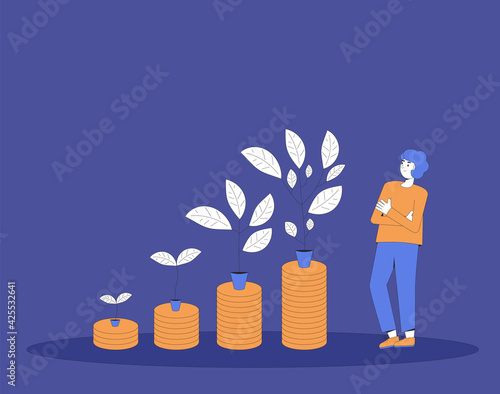 Investment return. Stock market growth. Profit. Business growth. Male retail investor with money tree. Vector line art illustration.