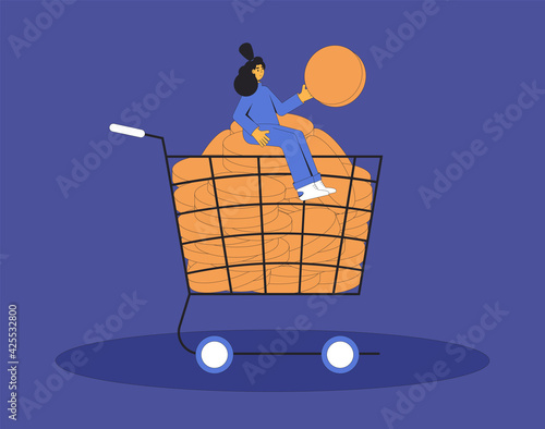 Wealth. Young woman sitting in shopping basket with money. Young female character with pile of coin. Vector line art illustration.