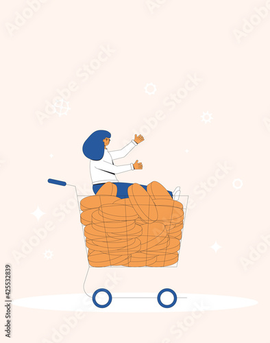 Wealth. Young woman sitting in shopping basket with money. Young female character with pile of coin. Vector line art illustration.